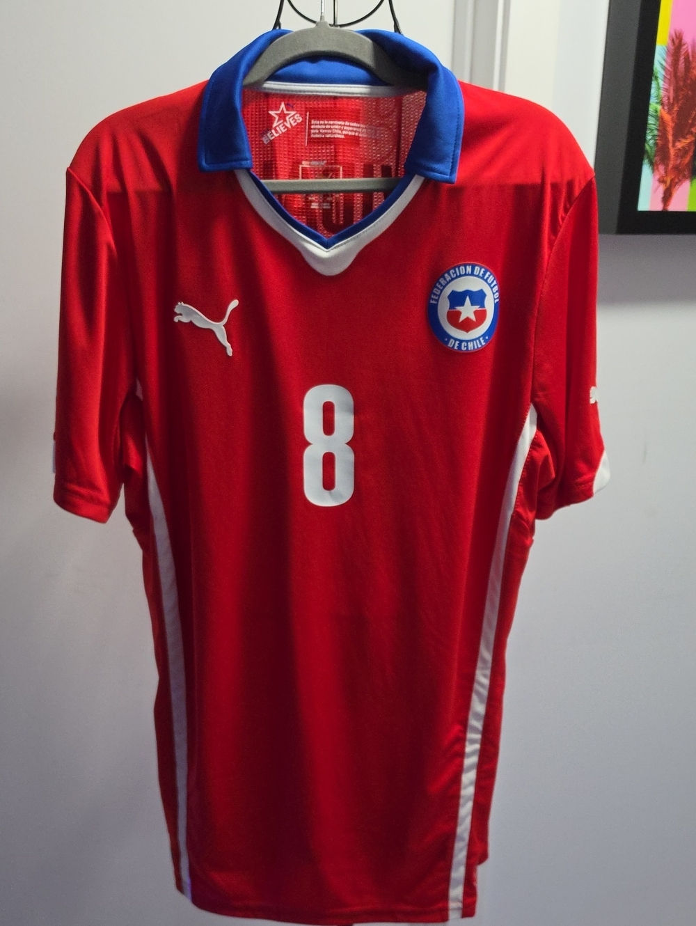 Puma Red Soccer Jersey with Blue Collar and White Accents #8